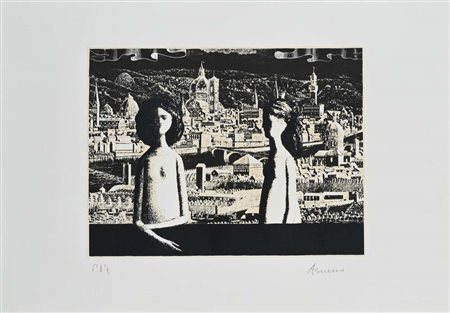 Antonio Bueno (Berlino 1918 - Fiesole 1984) Due donne con veduta di Firenze...