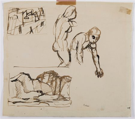 SIRONI MARIO (1885 - 1961) - STUDIO DI FIGURE, PEASAGGIO E PAESAGGIO URBANO CON FIGURE (1944 ca).