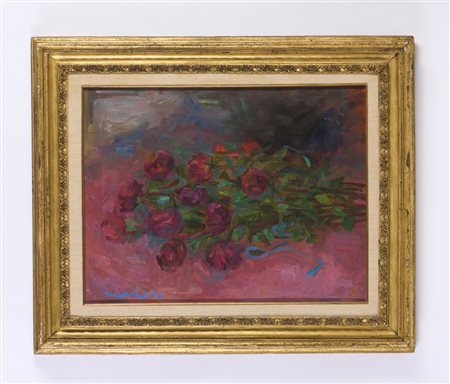 MAFAI MARIO (1902 - 1965) - ROSE SDRAIATE SU DRAPPO ROSSO.
