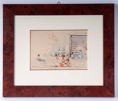FRANCESCO GALANTE (Margherita di Savoia, 1884 - Napoli, 1972) 
Spiaggia con bagnanti 
Acquarello su carta, 14 x 20 cm