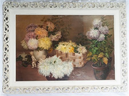  
Natura morta con fiori e vasellame inizi XX secolo
dipinto ad olio su tela 80 x 120 cm