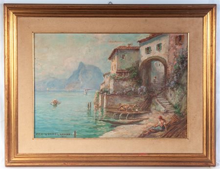  
Scorcio di costa con barche e pescatori 1948
dipinto ad olio su tela 37 x 54 cm