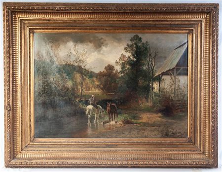  
Paesaggio di campagna con fiume, cavalli e personaggi fine XIX secolo
dipinto ad olio su tela 47,5 x 68,5 cm
