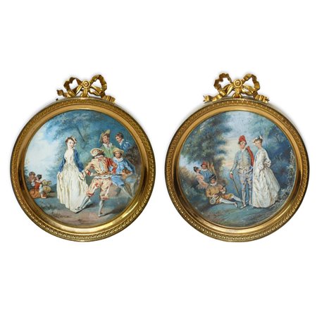 Coppia di scene di genere entro cornice dorata circolare con fiocco sulla parte sommitale, 18°  secolo