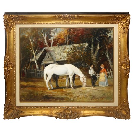 Giuseppe Chiacigh (Caucaso 1895)  - Paesaggio con cavalli e personaggi