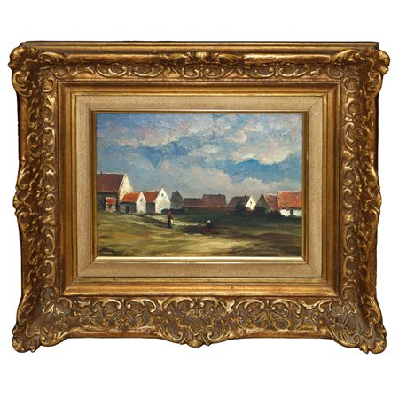 Franz Graf (1840 - 1916)  - Paesaggio rurale con case e personaggi , 1866