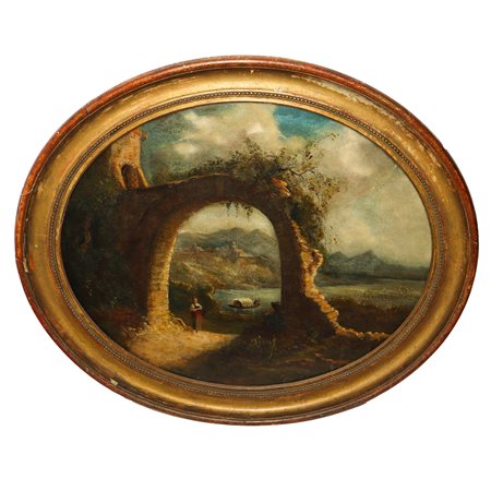 Giovanni  Polli (1826 - 1861)  - Paesaggio lacustre con barca, 19°  secolo