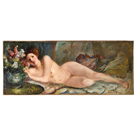 Nudo femminile  disteso con vaso di fiori, 20°  secolo
