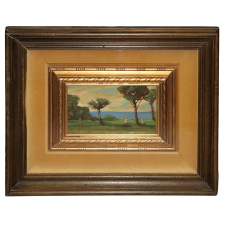 Prato con alberi e personaggi sul mare, primi 20°  secolo