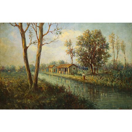 Paesaggio fluviale con casa e alberi