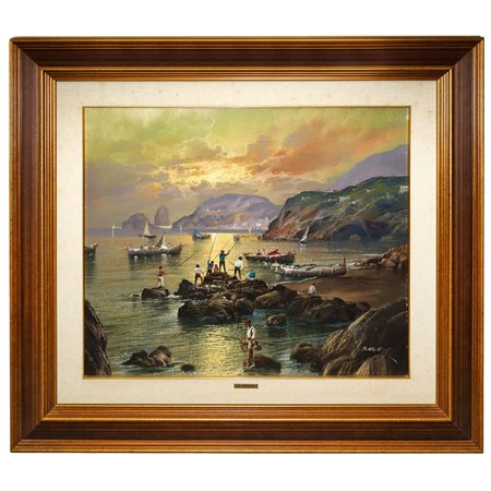 Mario Rosario Allegretti (Napoli 1945 - 2008)  - Dipinto con barche e pescatori