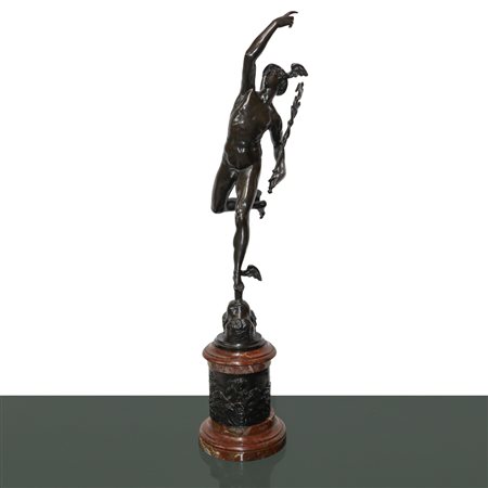 Mercurio, scultura in bronzo con base in marmo e dettaglio in bronzo decorato a rilievo, Fine 19°  secolo