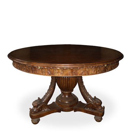 Tavolo allungabile con sostegno con triplice scultura, piano con balza scolpita, 19°  secolo