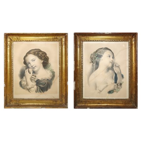 COPPIA DI CORNICI IMPERO DORATE ARGENTO E MISTURA CON STAMPE, Sicily, primi 19°  secolo