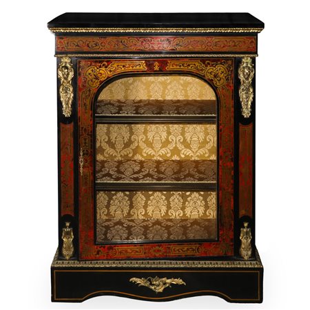 Credenza bassa a vetrina boulle lastronata e intarsiata in ottone, bronzi ai lati e legno ebanizzato nero , Fine 19°  secolo