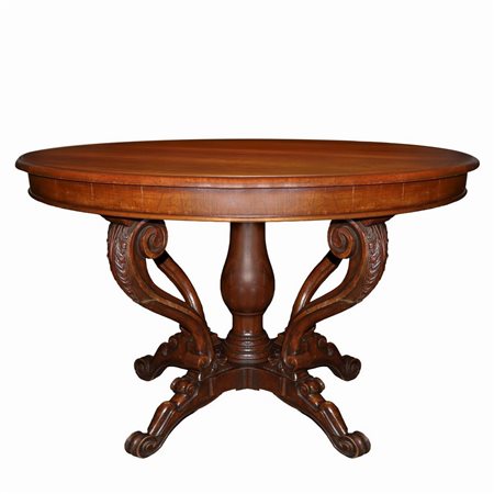 Tavolo rotondo a  cesto genovese  in legno di mogano, piedi a 4 razze con colonna al centro, Fine 19°  secolo