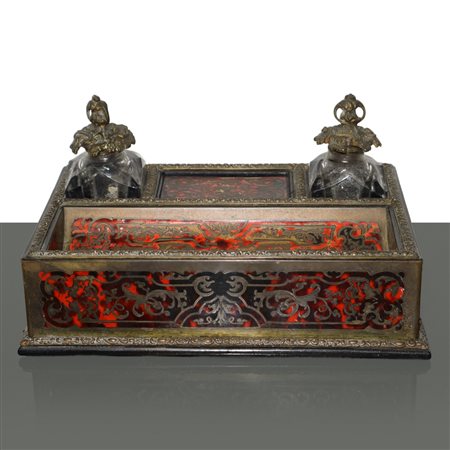 Calamaio Napoleone III lastronato in ottone, cornici e tappi in bronzo dorato, France 1850