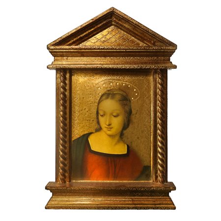 Dettaglio della Madonna del Cardellino in edicola lignea dorata, 20°  secolo