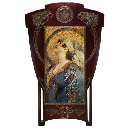 Giuseppe Rambelli (Bagnacavallo 1868 - 1954)  - Stampa di donna in Cornice liberty in legno con intarsi in metallo dorato