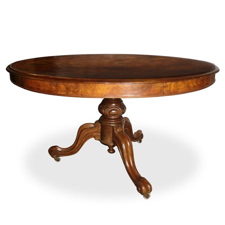 Tavolo rotondo in radica con piede a quattro razze, Fine 19°  - primi 20°  secolo