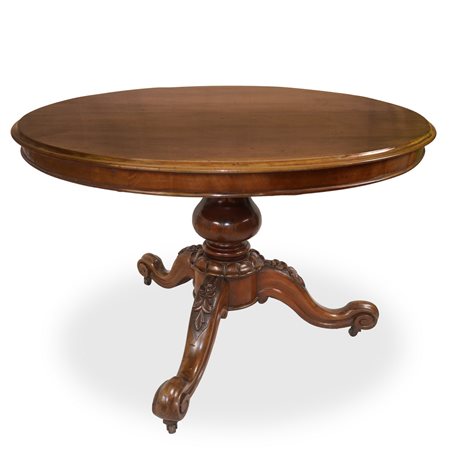 Tavolo da pranzo allungabile rotondo in legno di mogano piede a tre razze intagliato e scolpito a foglie , 19°  secolo