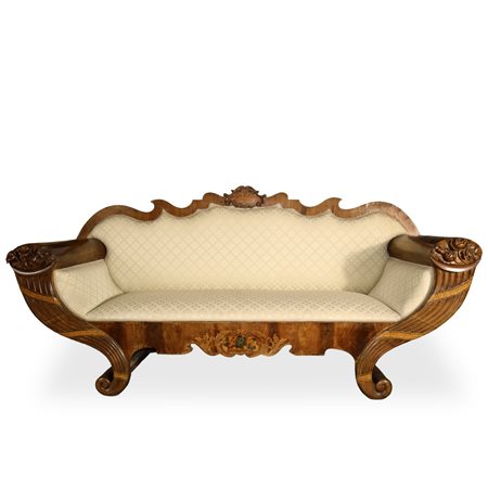 Divano a barca scatolato con braccioli scolpiti a cornucopia, Charles X, first quarter of ° e 19°  secolo