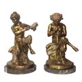 Vincenzo Cinque (Napoli 1852 - Napoli 1929)  - Fauni suonatori, coppia sculture in ottone patinato oro con base in marmo
