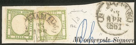 Antichi Stati Italiani - Napoli - Frammento affrancato con due esemplari del 1/2 tornese verde giallo chiaro e verde giallo (17a + 17e)