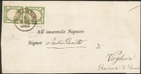 Antichi Stati Italiani - Napoli - Lettera affrancata con coppia verticale del 1/2 tornese verde oliva (17b cat.7000)