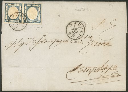 Antichi Stati Italiani - Province Napoletane - Lettera affrancata con coppia orizzontale del 2 grana indaco chiaro