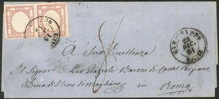 Antichi Stati Italiani - Province Napoletane - Lettera affrancata con coppia orizzontale del 5 grana rosa lilla (21b)