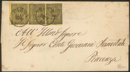 Antichi Stati Italiani - Parma - Lettera affrancata con striscia orizzontale di tre del 5 cent giallo arancio (1)