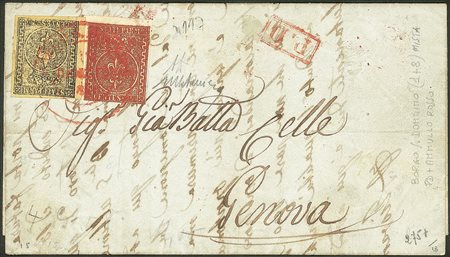 Antichi Stati Italiani - Parma - Lettera affrancata con 5 cent giallo + 25 cent bruno rosso (1 + 8)