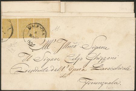 Antichi Stati Italiani - Parma - Lettera con striscia di tre 5 cent giallo (6a)