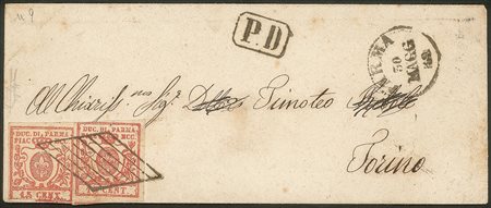 Antichi Stati Italiani - Parma - Busta affrancata con due esemplari del 15 cent vermiglio (9)