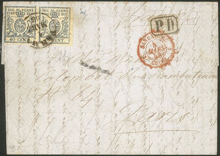 Antichi Stati Italiani - Parma - Lettera affrancata con coppia orizzontale del 40 cent azzurro (11 cat.22000)