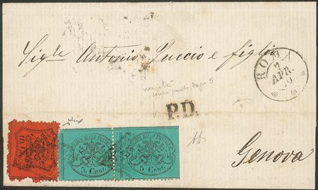 Antichi Stati Italiani - Stato pontificio - Lettera affrancata con coppia del 5 cent azzurro chiaro