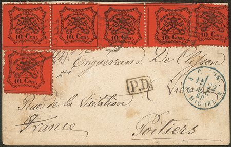 Antichi Stati Italiani - Stato pontificio - Sei esemplari del 10 cent arancio vermiglio