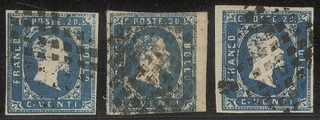 Antichi Stati Italiani - Sardegna - 1851 - Lotto di tre esemplari del 20 cent azzurro (2)