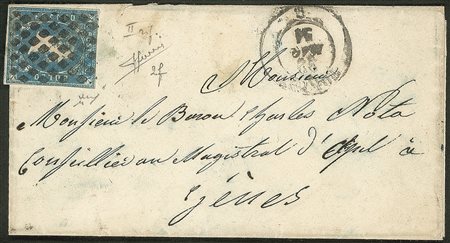 Antichi Stati Italiani - Sardegna - Piccola lettera affrancata con 20 cent azzurro chiaro da Torino 22 MAG.51 per Genova