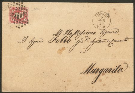 Antichi Stati Italiani - Sardegna - Lettera affrancata con 40 cent rosa carminio prima emissione (3 cat.45000)