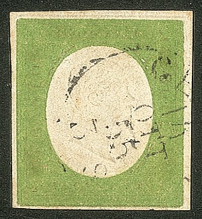 Antichi Stati Italiani - Sardegna - 1854 - 5 cent verde giallo con doppia impronta a secco (7f cat.3500)