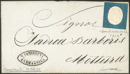 Antichi Stati Italiani - Sardegna - 1855 - 20 cent azzurro non annullato