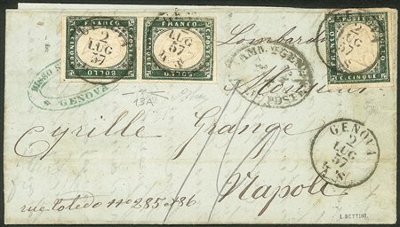 Antichi Stati Italiani - Sardegna - Lettera affrancata con coppia verticale + singolo del 5 cent verde mirto (13A)