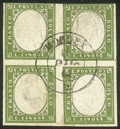Antichi Stati Italiani - Sardegna - 1861 - quartina del 5 cent verde oliva (13Bc cat.16000)