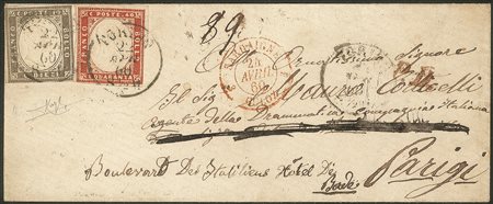 Antichi Stati Italiani - Sardegna - Bustina affrancata con 10 cent bruno grigiastro + 40 cent vermiglio mattone (14Bd + 16Ba)