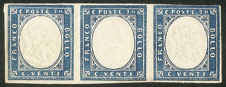 Antichi Stati Italiani - Sardegna - 1860 - striscia orizzontale di tre 20 cent azzurro (15Ca)