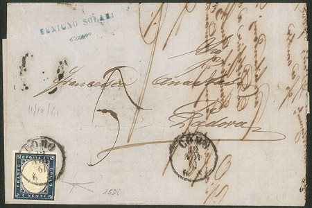 Antichi Stati Italiani - Sardegna - Lettera affrancata con 20 cent cobalto oltremare (15Di cat.3500)