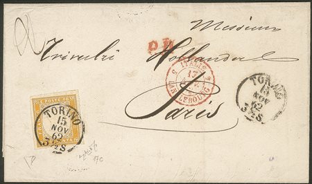 Antichi Stati Italiani - Sardegna - Lettera affrancata con 80 cent giallo arancio (17C cat.6375)