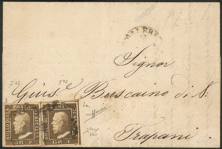 Antichi Stati Italiani - Sicilia - Lettera affrancata con 1 grano bruno ruggine I tavola pos.43 + 1 grano bruno ruggine intenso I tavola pos.90 (3 + 3a cat.17500)